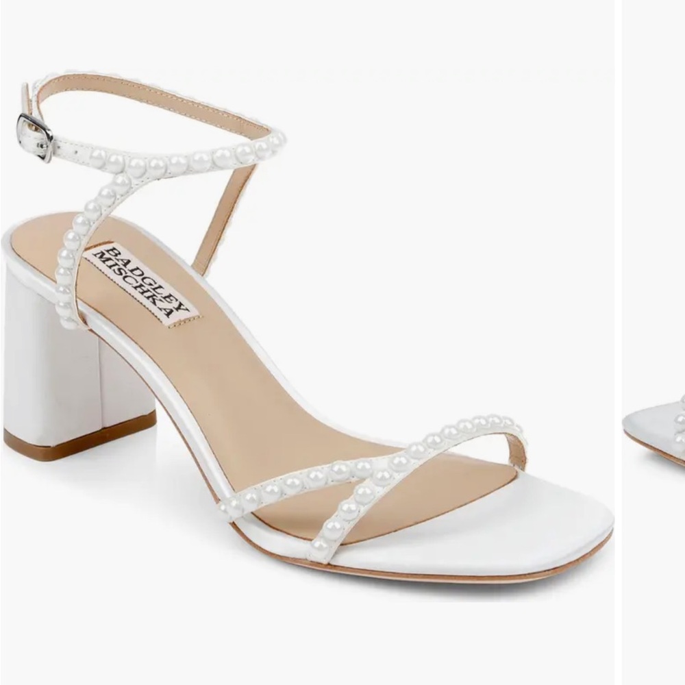 Badgley Mischka White Pearl-Strap Block Heel Sandals